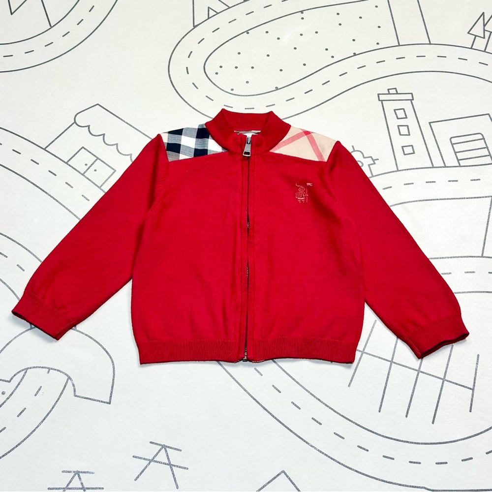 Burberry Red Kids Zip-up Sweater with Check Detail